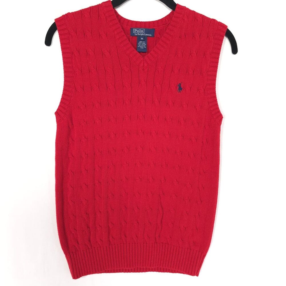 POLO RALPH LAUREN Kids Boys MEDIUM 10/12 Cable Knit Sweater Vest Red VINTAGE
